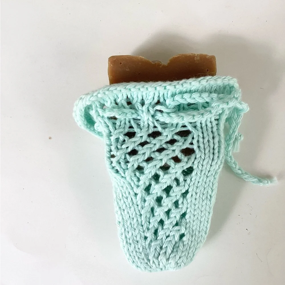 Hand Crafted Soap Saver Bag Hair Scrunchy Bath Essential Cotton Mint Green